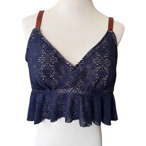 Costa Del Sol Navy Blue Crochet Peplum Bikini Top Brown Straps Womens 1X Cottage